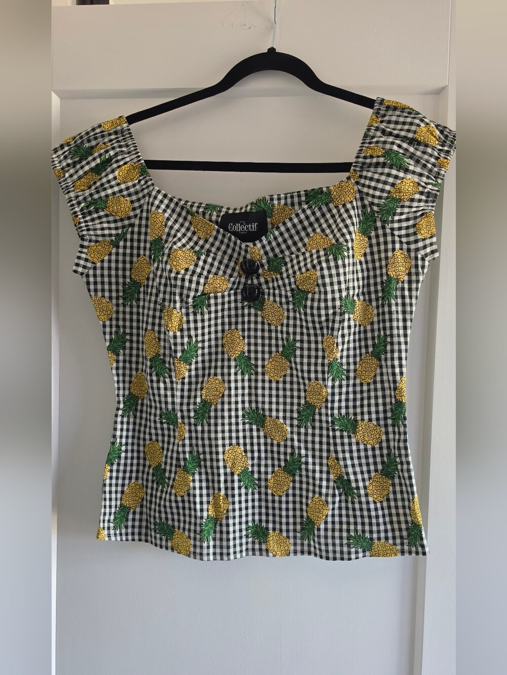 Collectif Black & White Gingham Pineapple Print Cap Sleeve Top
